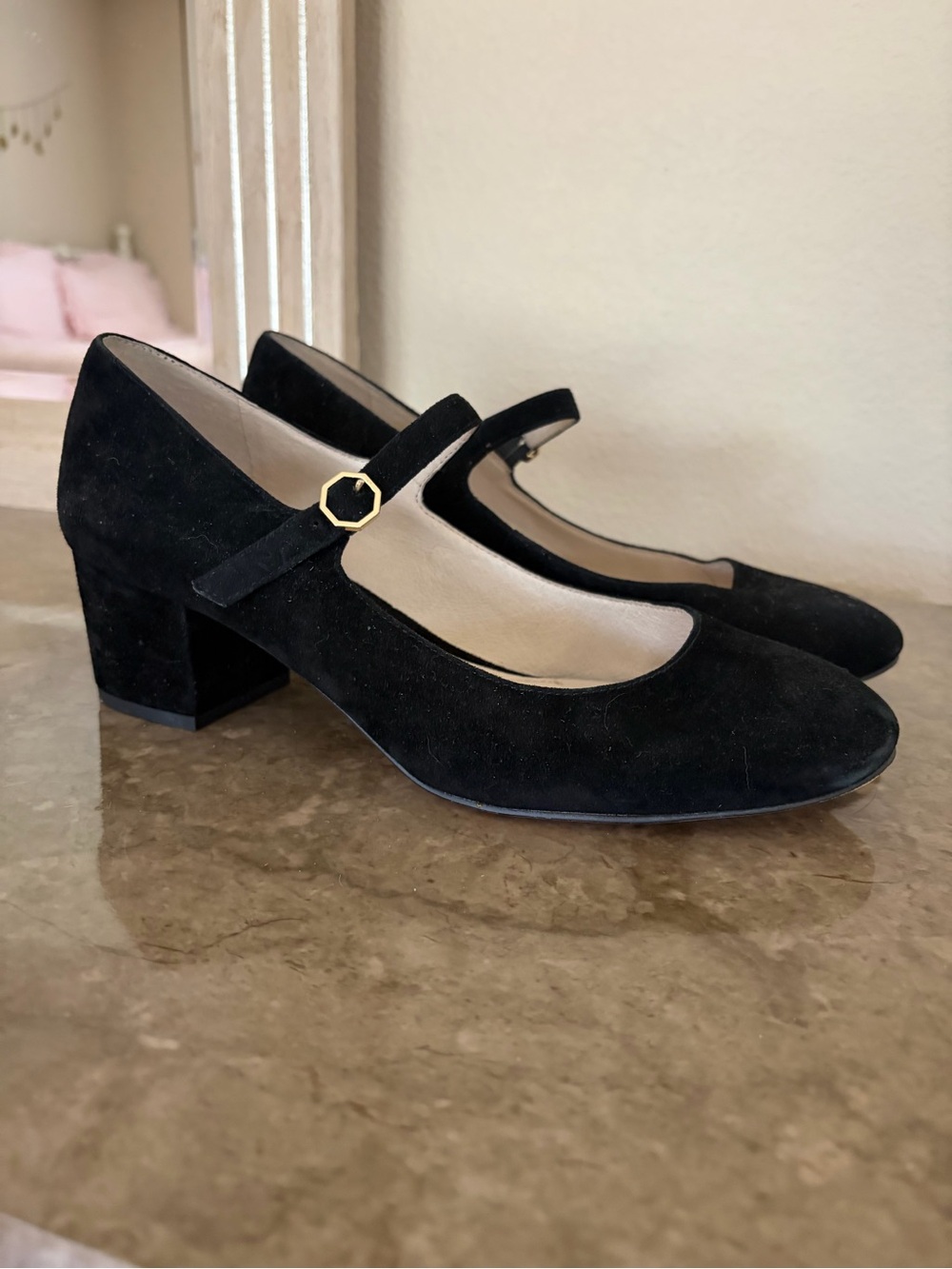 Vintage 90s Y2K Classic Black Suede Mary Jane Block Heel Pumps